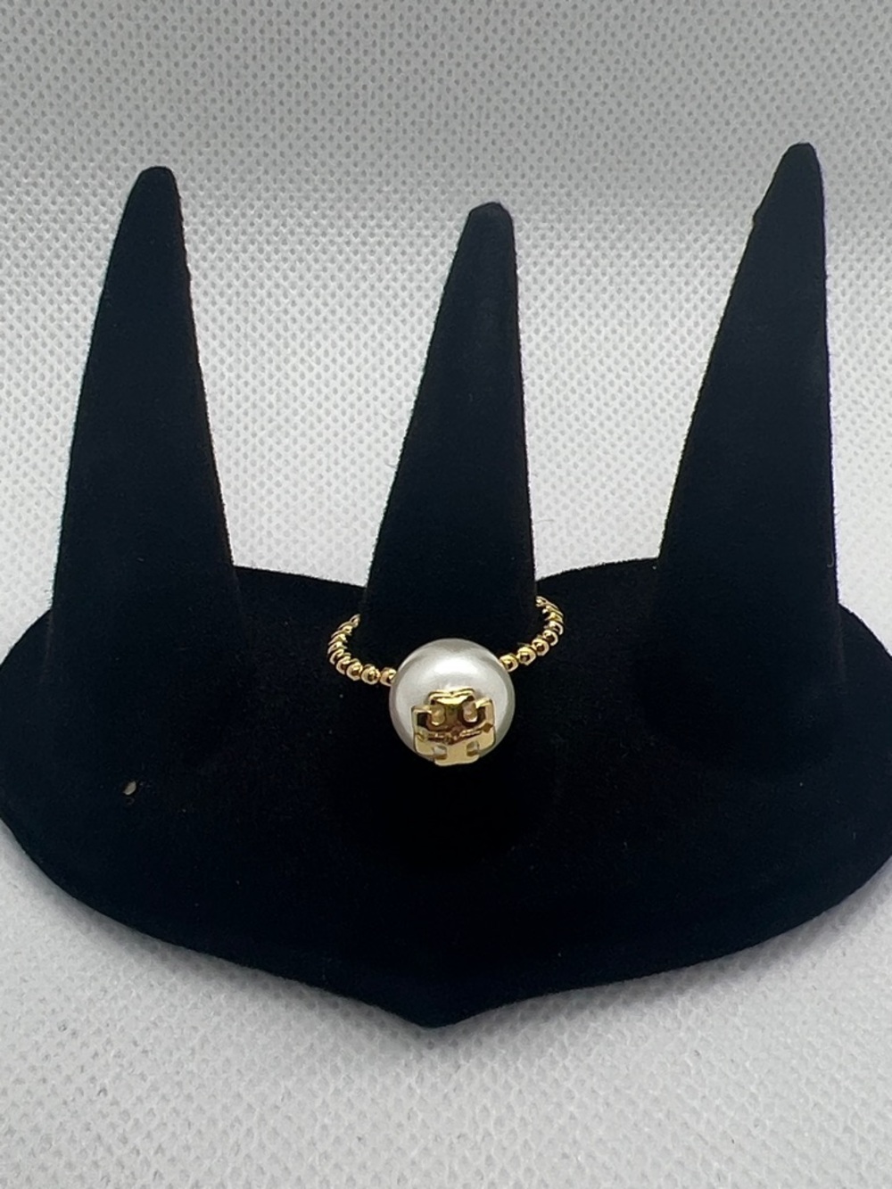 Tory Burch Gold Beaded Ring with White Pearl and Logo Charm
